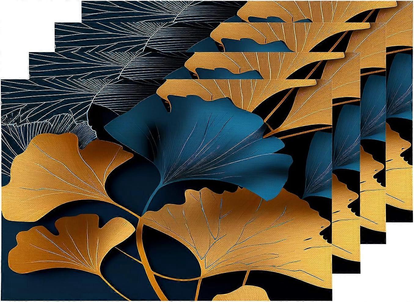 Blue Gold Ginkgo Leaves Placemats, Art Background Table Mat Linen Burlap Washable Double-Deck Heat Insulation for Dining Table Kitchen Table Set of 4