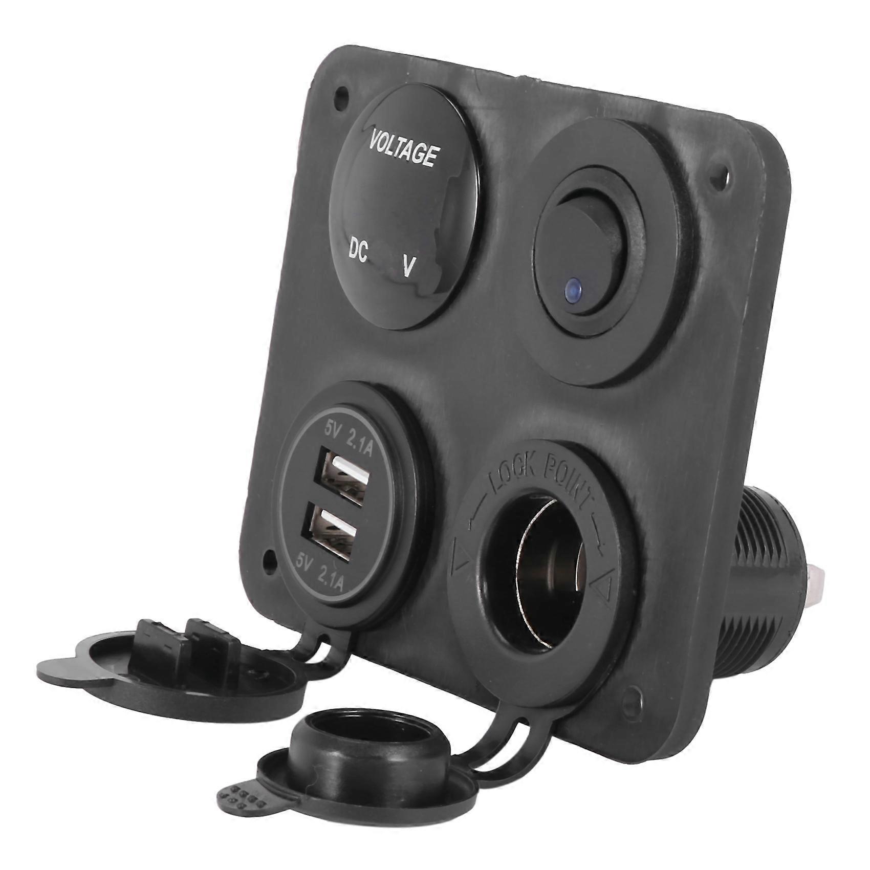 4 Function Panel Dual USB Charger Green LED Volt 12V Power Outlet ON-OFF Switch