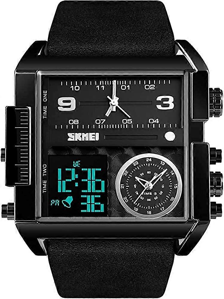 Square Watches for Men, LED Backlight Large Screen Multi-Time Zone Men's Watch, Waterproof Analog Men's Digital Sports Watch All Black-Large size 51mm