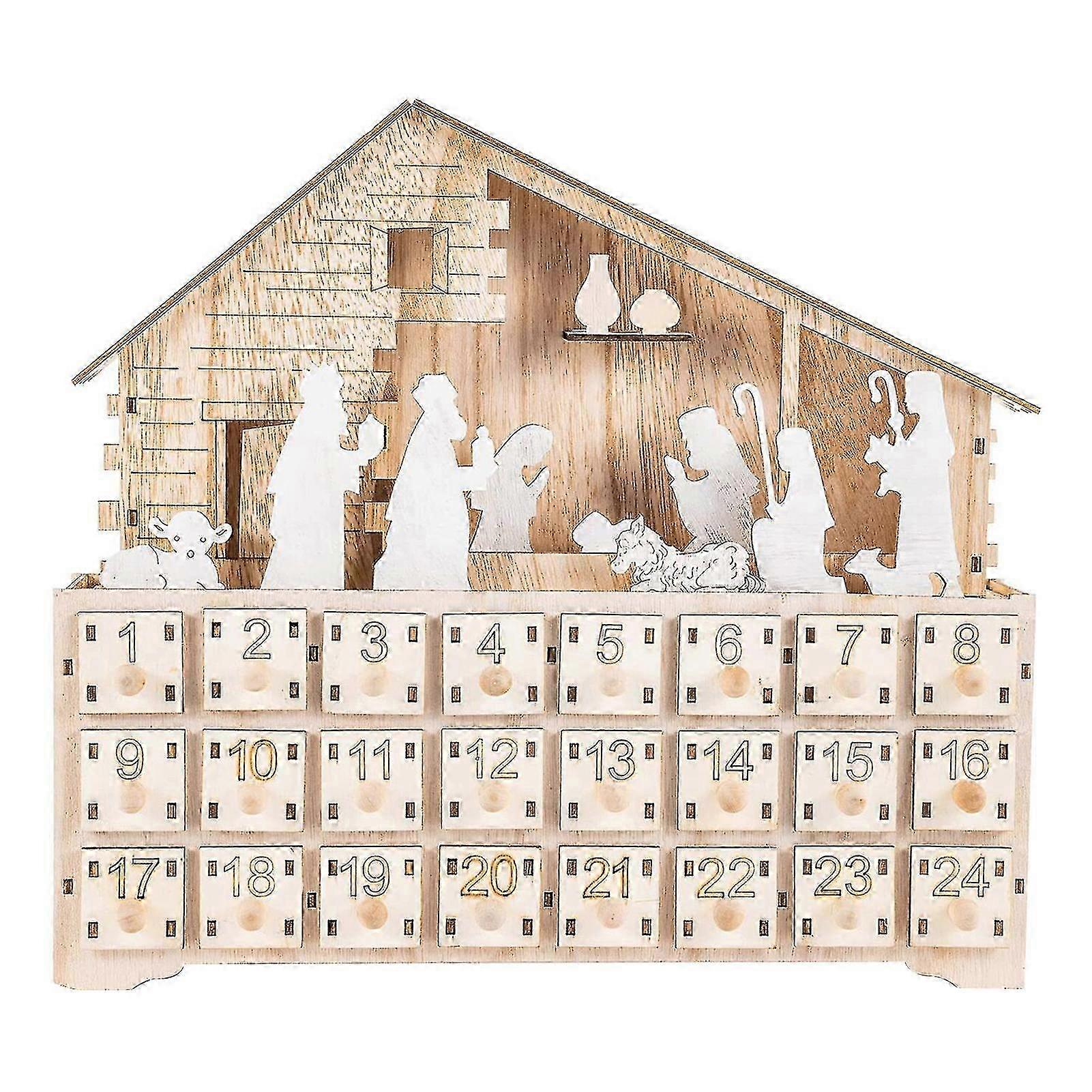 Christmas Advent Calendar Built-in LED Light Crafts Decorative Boxwood Xmas Ornament House-shaped Advent Calendar