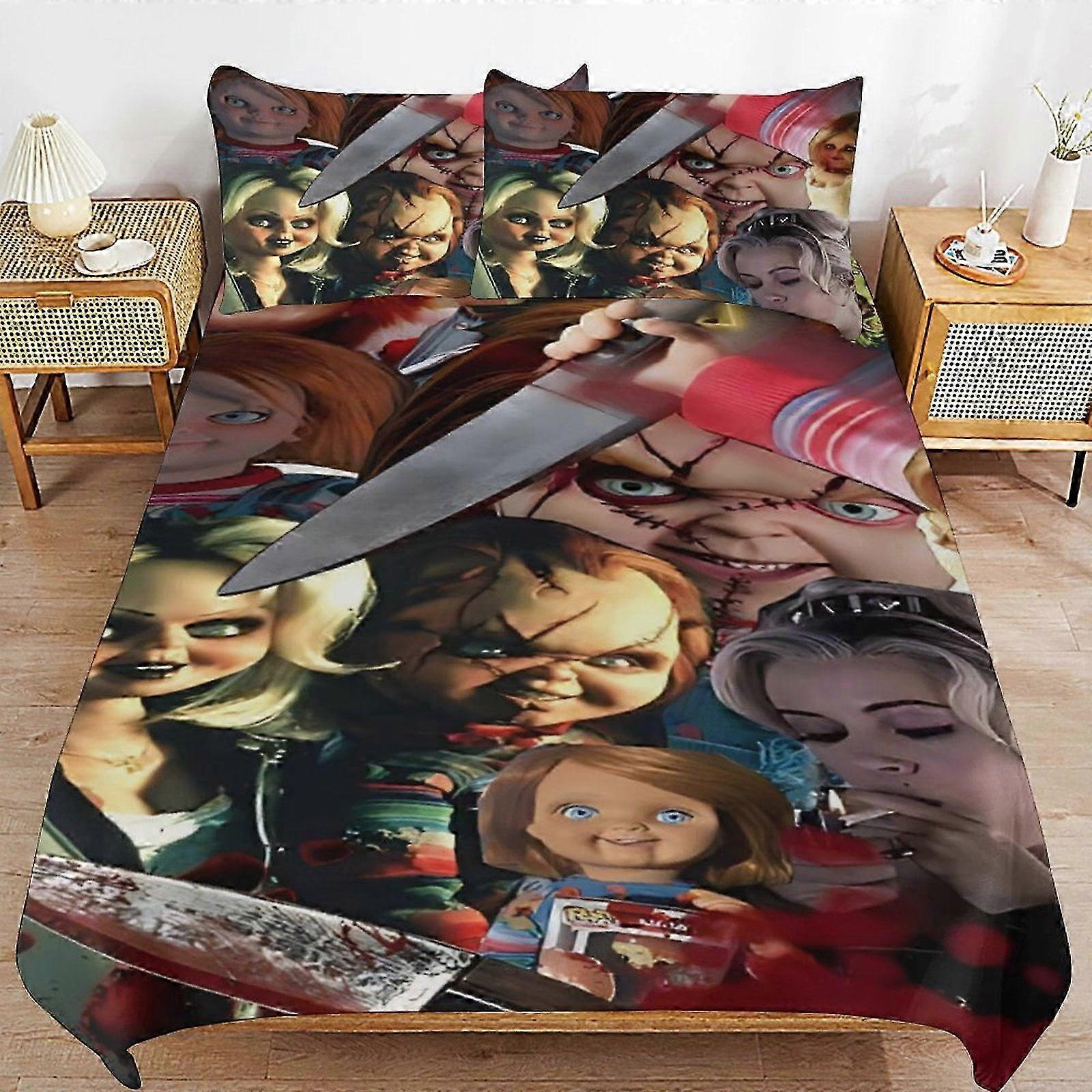 v2117 Prostěradla Sada povlečení Bride of Chucky Povlečení Pohodlné a lehké kreslené povlečení 3 kusy (1 povlak na peřinu a 2 povlaky na polštář)