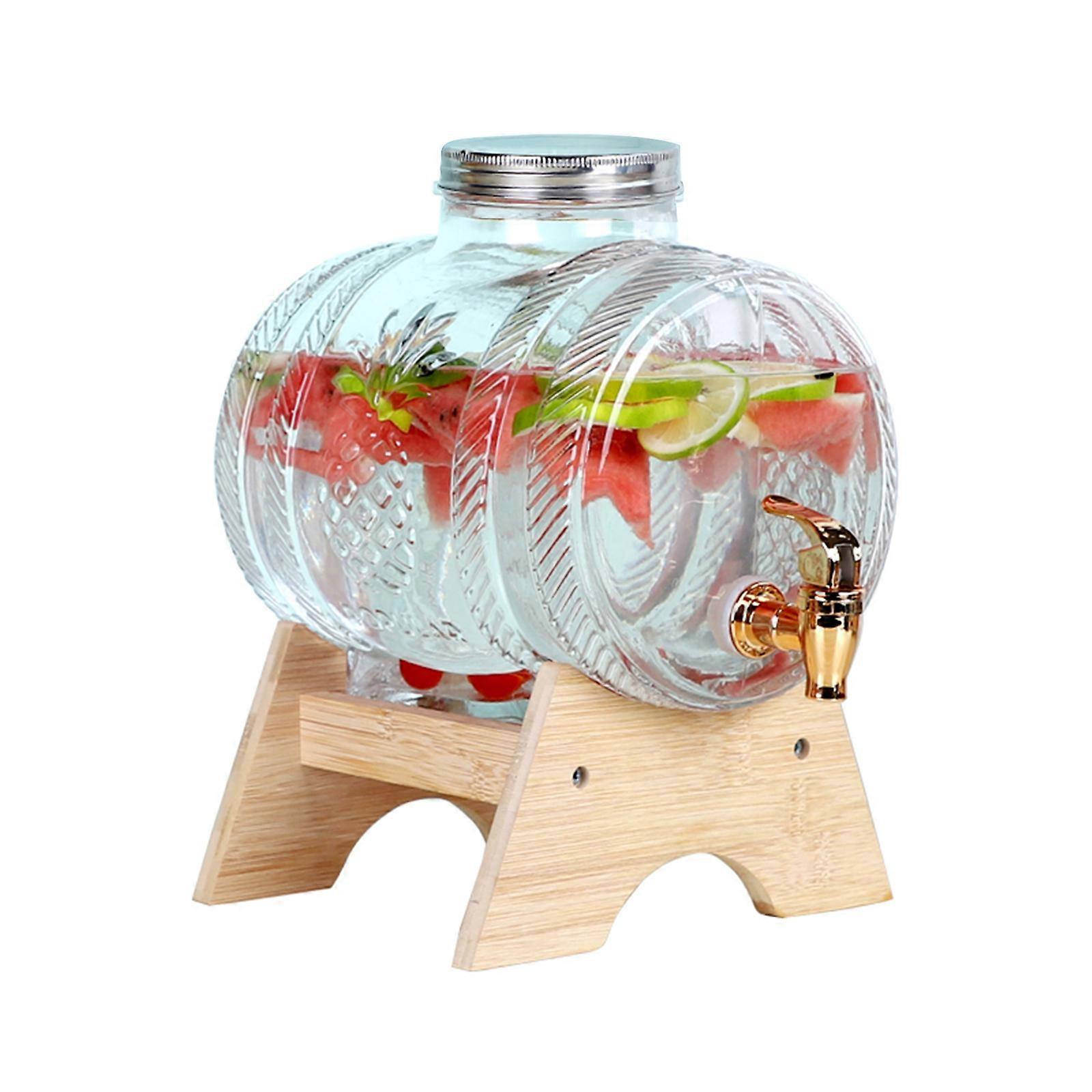 Distributeur d’eau en verre Distributeur de boissons Jus Boisson froide Seau avec robinet Cadre en bois Verre Beau et naturel