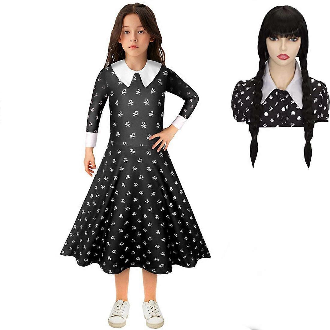 Mädchen Peter Pan Kragen Gothic Kostüm Kleid Langarm Schwarzes Kleid