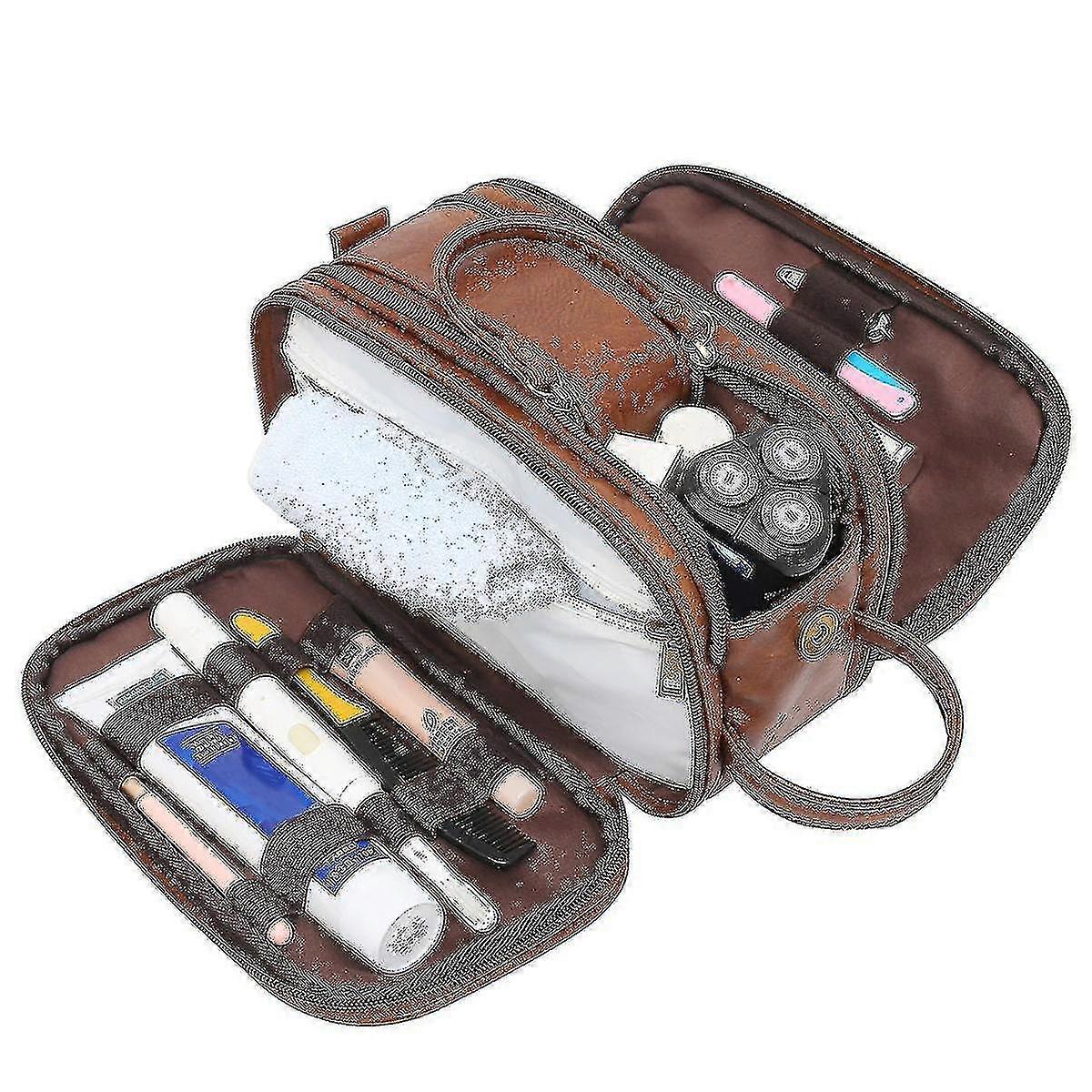 حقيبة مرحاض جلدية مقاومة للماء للرجال كبيرة السفر غسل حقيبة الحلاقة دوبل كيت حمام الصالة الرياضية منظم ماكياج مع الجافة الرطب مجانا