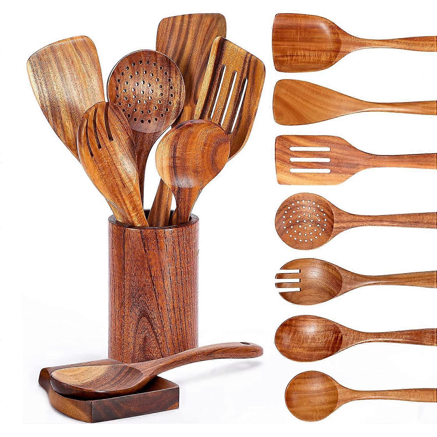 9 PCS Teak Wooden Cooking Utensils Set with Holder
