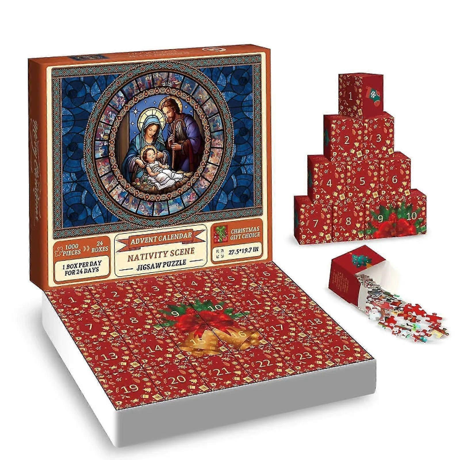 Calendar de Advent 2023,scena nașterii Puzzle 1000 piese,puzzle-uri Jigsaw Countdown Calendar pentru cadouri de Crăciun,24 cutii Puzzle-uri pentru numărătoarea inversă,col