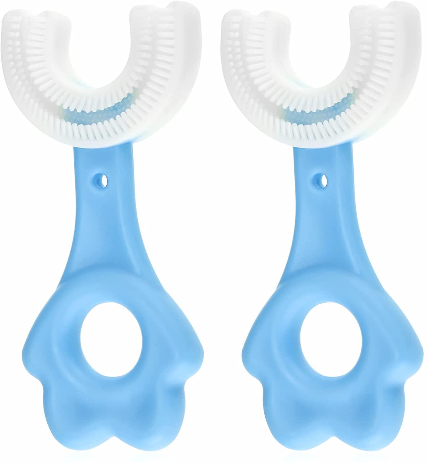 Kids U Shaped Toothbrush 2 Pieces Soft Silicone Brush Head Manual for 2-6 Ages (Blue)
