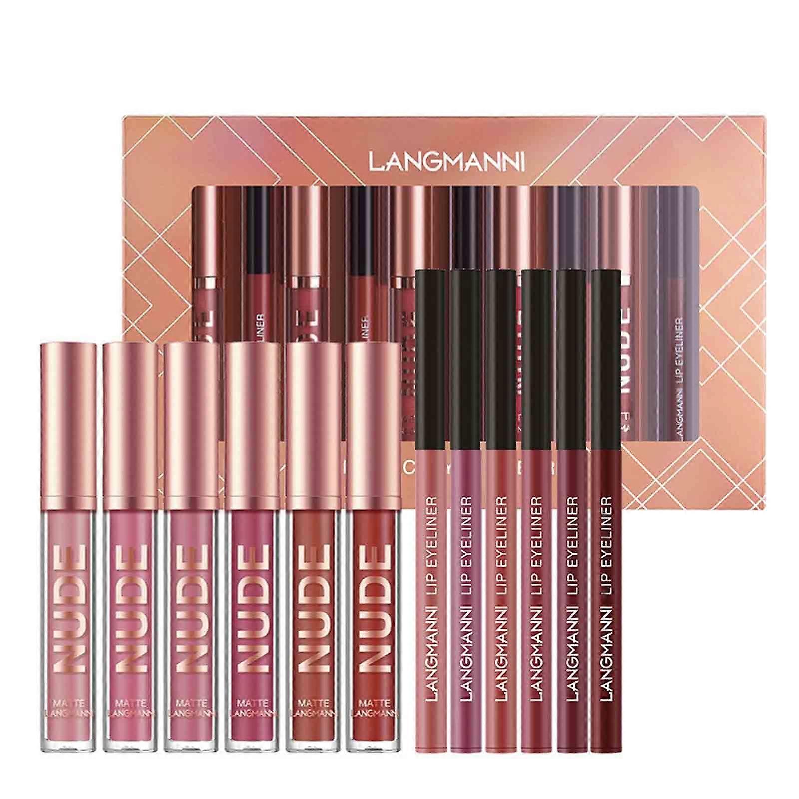 Lip Gloss Lip Line Pens 12 Sets Of Sets Are Not Easy To Stick Cup Matte Lip Gloss To Rotate Lip Line Pen