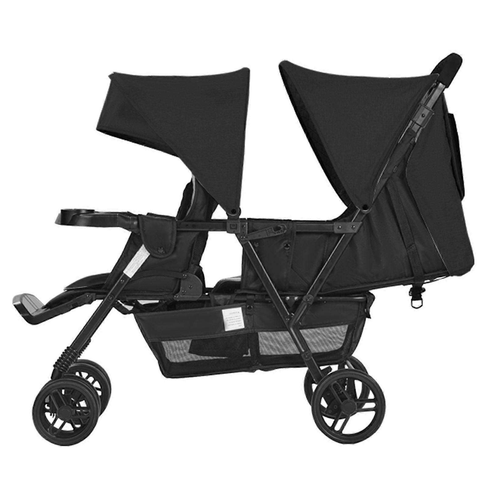Double Stroller, Foldable with Tandem Seating, Adjustable Backrest/Footrest, Wrap-Around Safety Harness, Storage Basket & Tray, Black