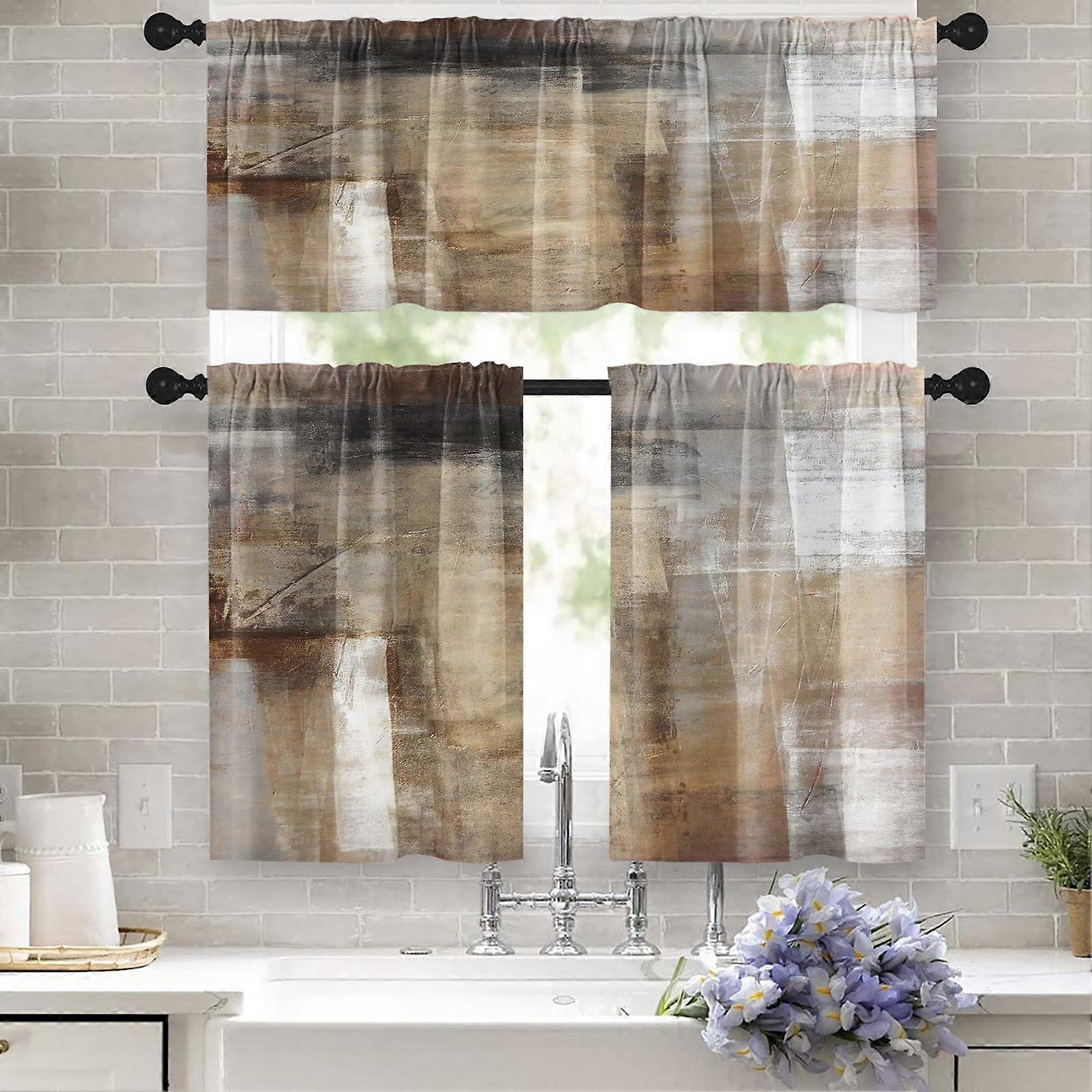 Brown Kitchen Curtain Set with Gray Beige Window Short Layer and Sheer Vision Layer, 2 Panels, Modern Style