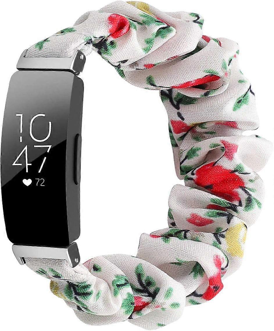 Scrunchies Compatible With Fitbit Inspire 2 Bands/Inspire Hr Band/Inspire, Soft Elastic Cloth Pattern Printed Fabric Wristbands(Large White)