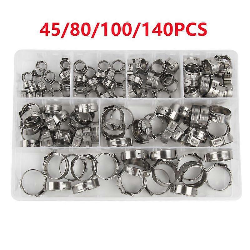 45/80/100/140pcs In Box Hose Clamps Single Ear Hose Clamp 304 Stainless Steel Assortment Kit Single Hose Clips Ear Pipe Clamps