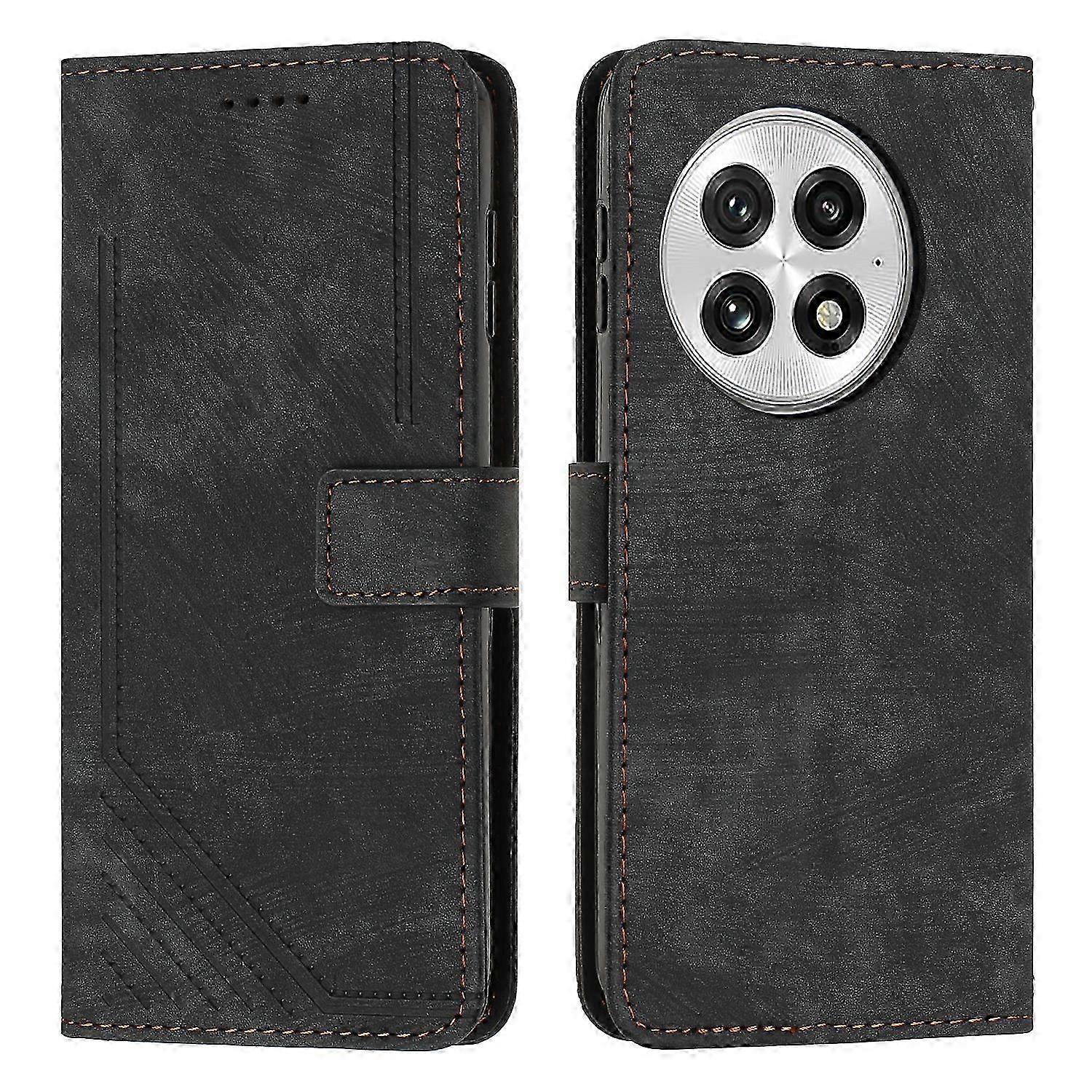 OnePlus 13 Leather Case with Emed Stripes Folding Phone Stand