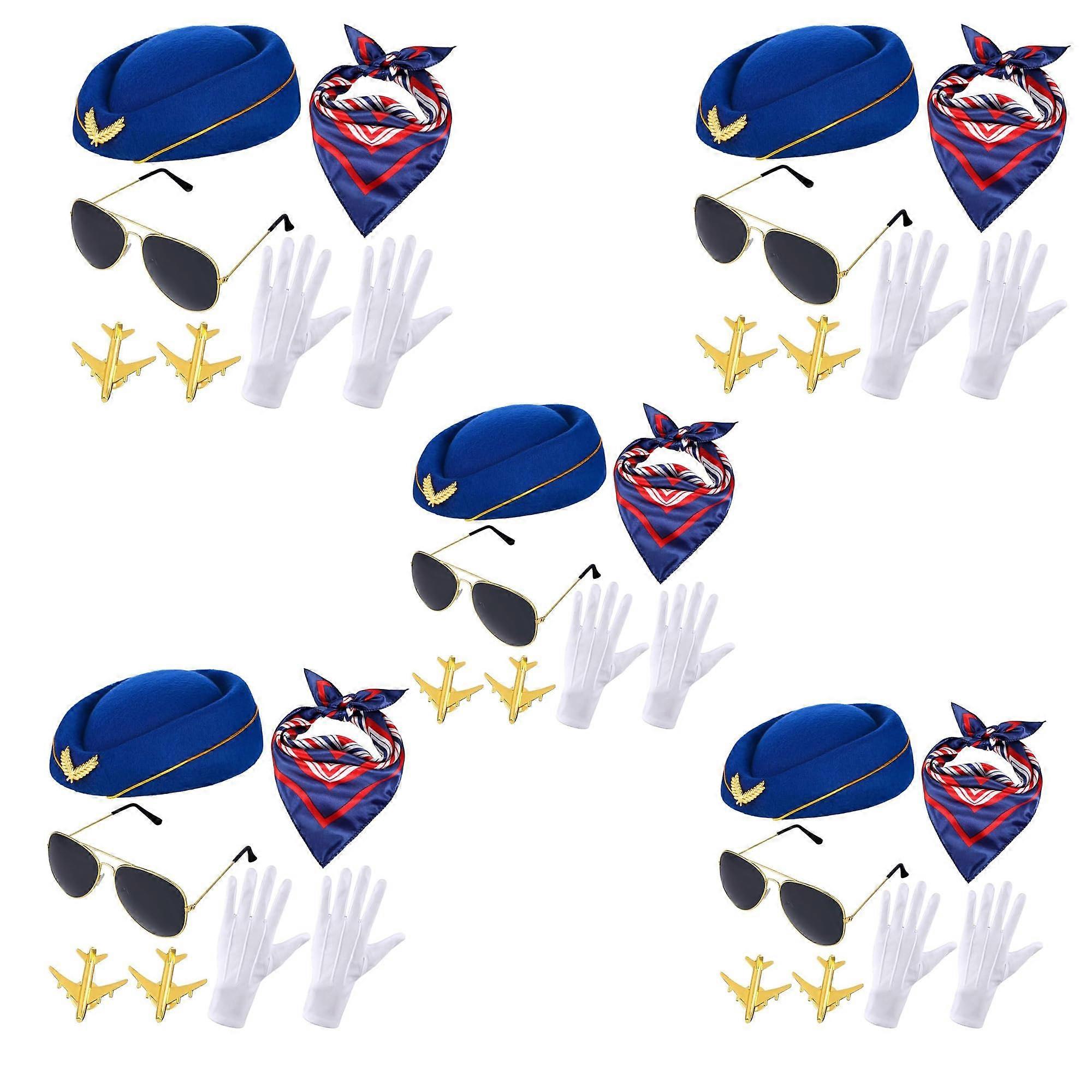 6Pcs Womens Flight Attendant Costume Accessories Bundles Stewardess Costume Hat Scarf Sunglasses Gloves P Ref: 5509