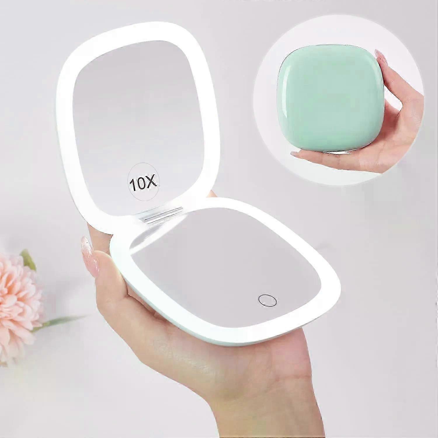 2025 Compact LED Magnifying Travel Makeup Mirror 1X/10X Small Hand Pocket Dimmable 2-Sided USB Rechargeable Touch Screen Portable