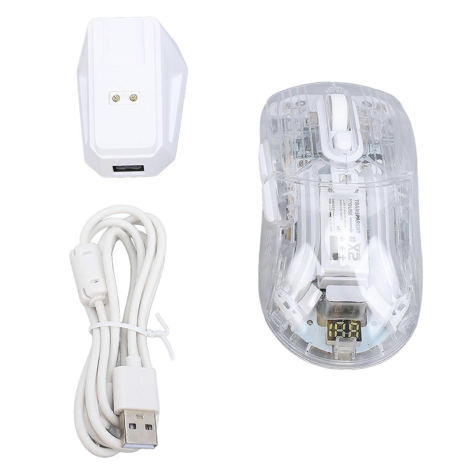 Transparent Shell RGB Mouse with Tri Modes and Wireless Charging Base in White