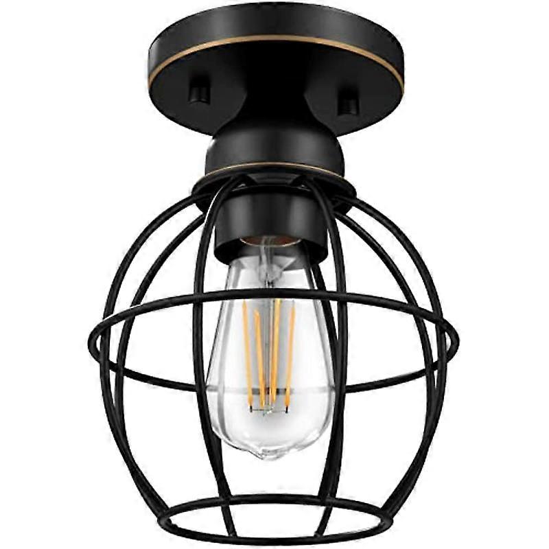 Single Lamp Semi Embedded Ceiling Lamp Oil Faced Bronze Industrial Ceiling Lamp with Metal Cage Porch Lighting