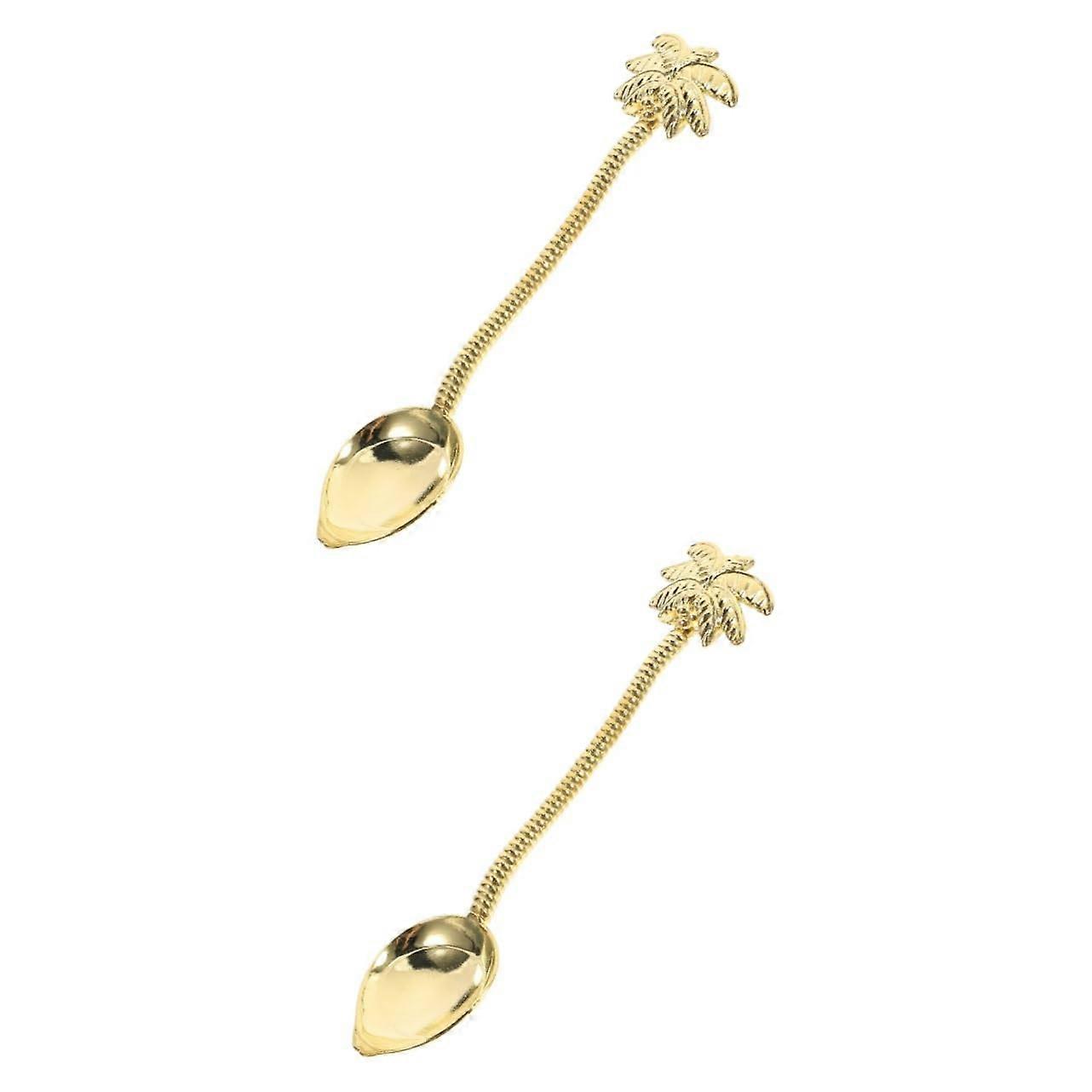 Golden Coffee Spoons Set of 2, Gold Palm Tree Design Espresso Mixing Sticks, Cake Topper and Fruit Decoration Cutlery