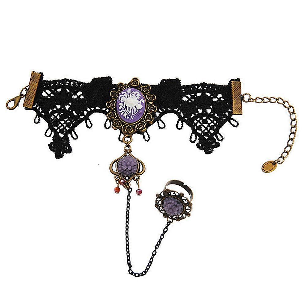 Lace Bracelet And Ring Set Fashion Style Halloween Costume Jewellery Black Resin 1Pc