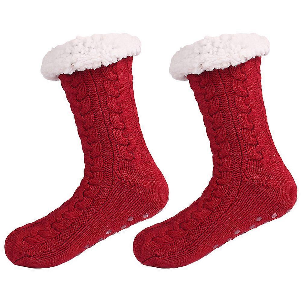Slipper Socks Warm Winter Use Thermal Bed Socks Dark Red Acrylic Fiber Nonslip Comfortable Wearing 1 Pair