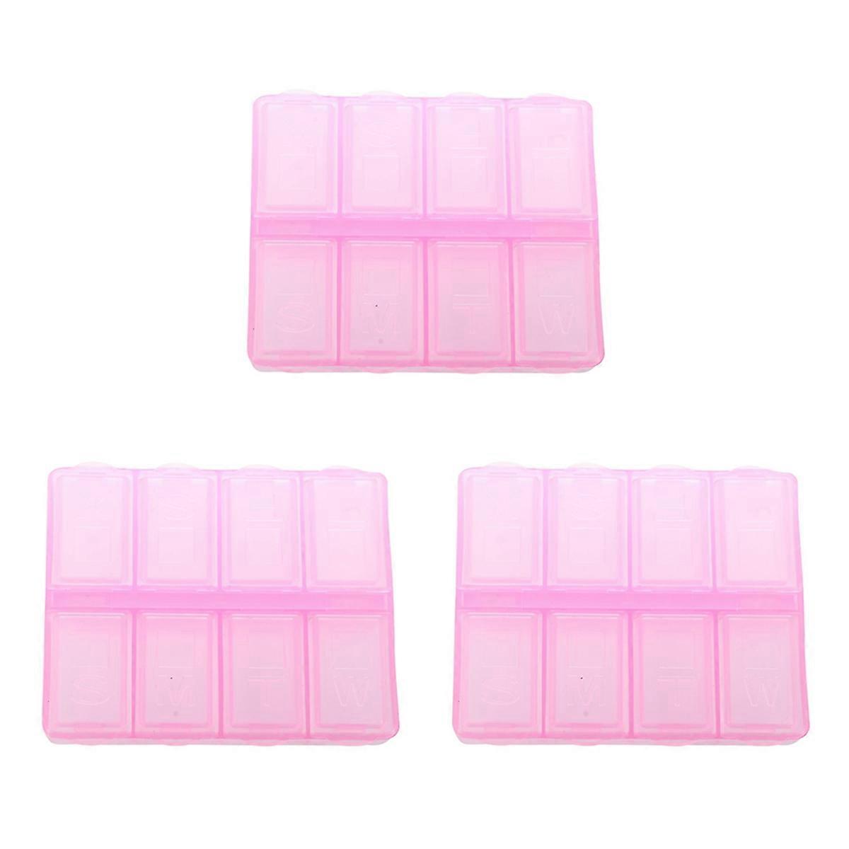 3X Plastic Rectangle 8 Compartments Medicine Pill Box Pink