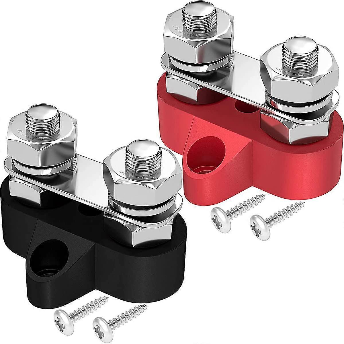 Battery Power Distribution Terminal Block M8 Double Bolt Busbar DC 48V for Truck, Car, Motorhome, Boat Black Red (Pack of 2)