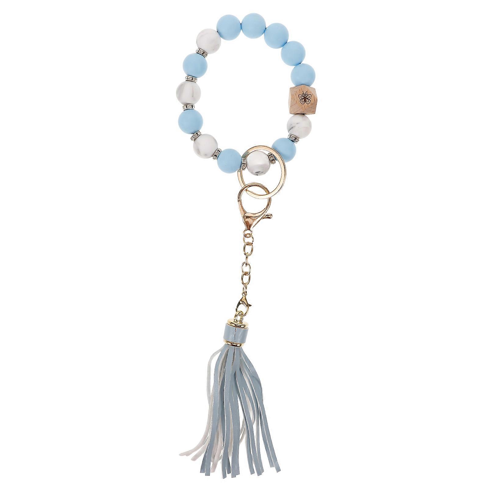 Silicone Beaded Keychain Bracelet with Tassel Design for Women Multi Color Fits Most Wrist Sizes