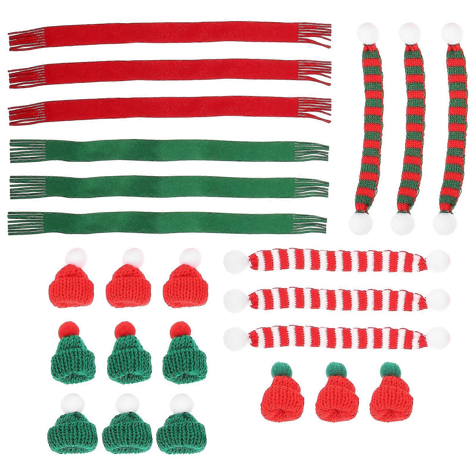 Mini Christmas Hat and Scarf Set for Dolls – Holiday Craft Accessories with Red & Green Knitted Hats, Mini Scarves, and Toppers