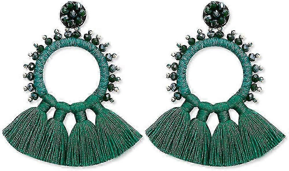 Large Beaded Hoop Tassel Earrings, Big Boho Statement Fringe Dangle Earrings 2025