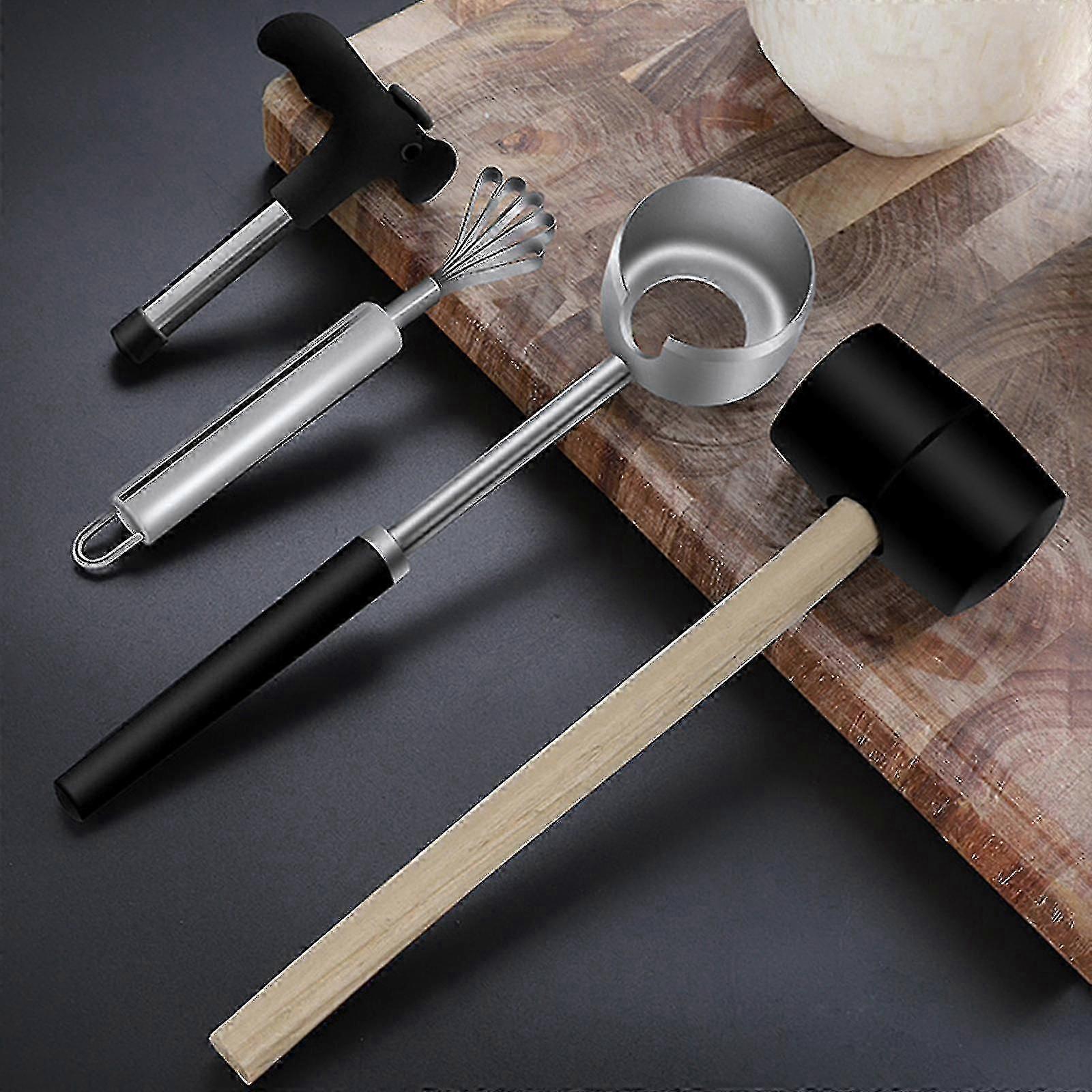 Coconut Opener Tool Kit for Young Coconuts with Rubber Mallet - Durable Set