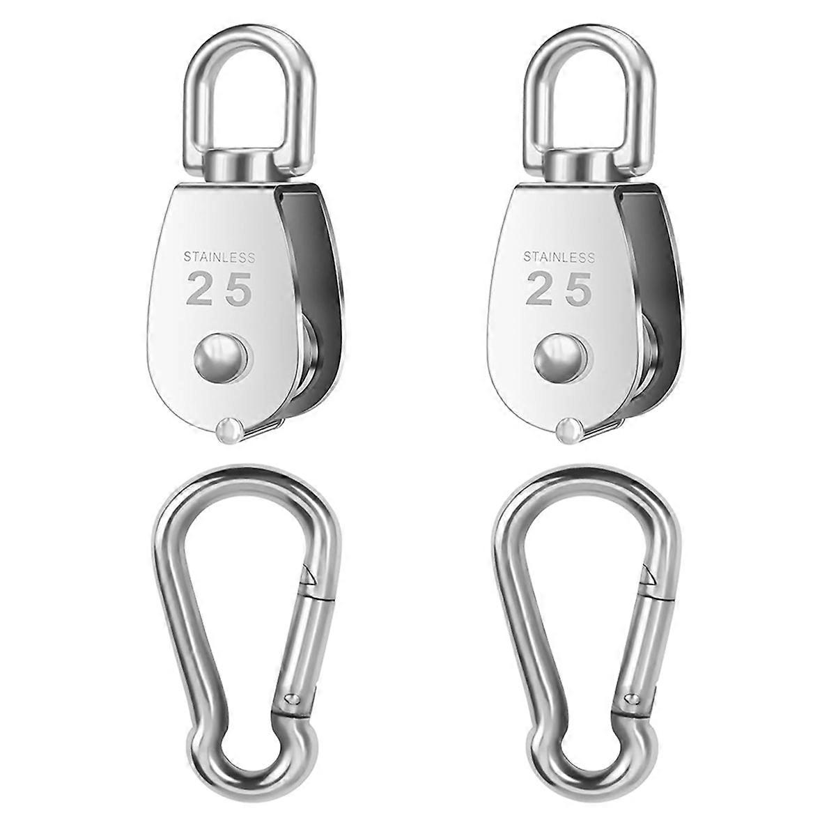 2 PCS 304 Stainless Steel M25 Silver Single Pulley Block Wire Rope Hanging Wire Towing Wheel with 2 PCS Spring Snap Hook