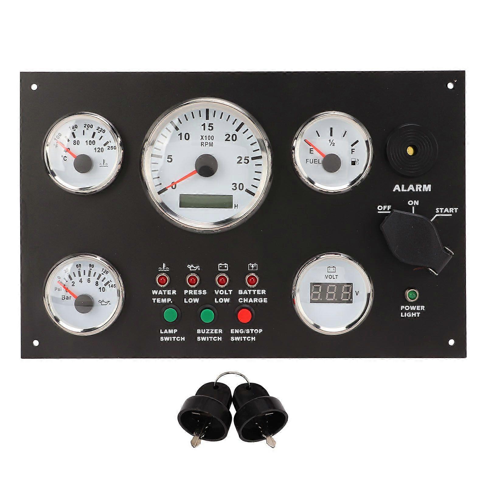 Engine Dash Instrument Panel with Engine Speed Oil Level Pressure Water Temp Voltage Display with Red Backlights for RVs Boats 24V