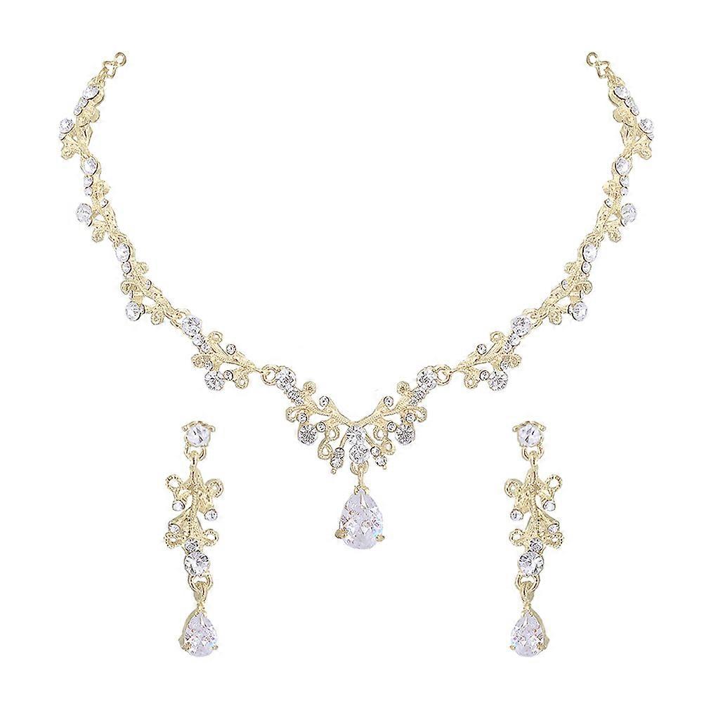 Bridal Jewelry Wedding Necklace Earring Set for Women 2Sets Golden Alloy