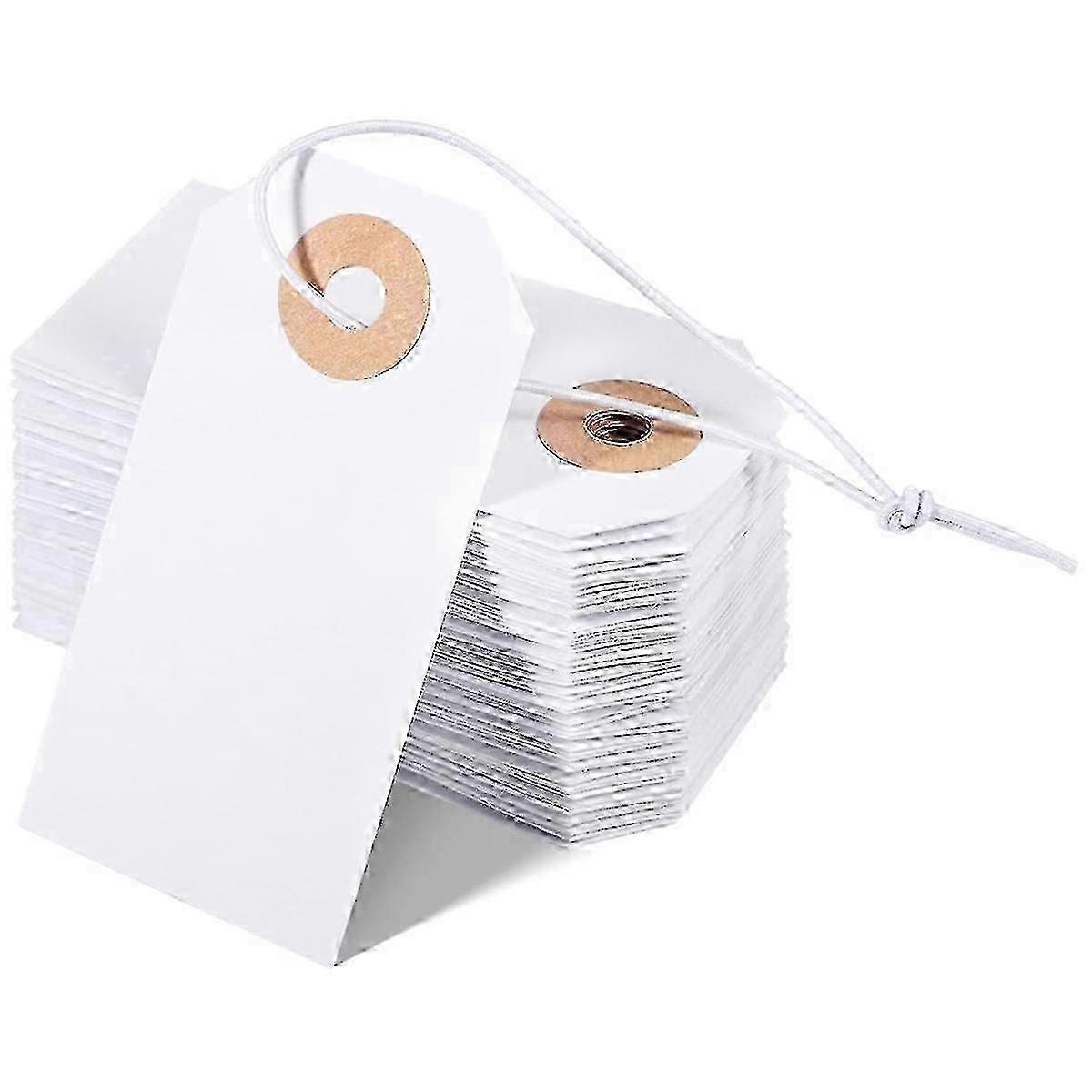 25-26 100 Pack Blank Tags with Elastic String Marking Hang Tags Attached Reinforced Hole Writable Blank Tags 2.75x1.37Inch