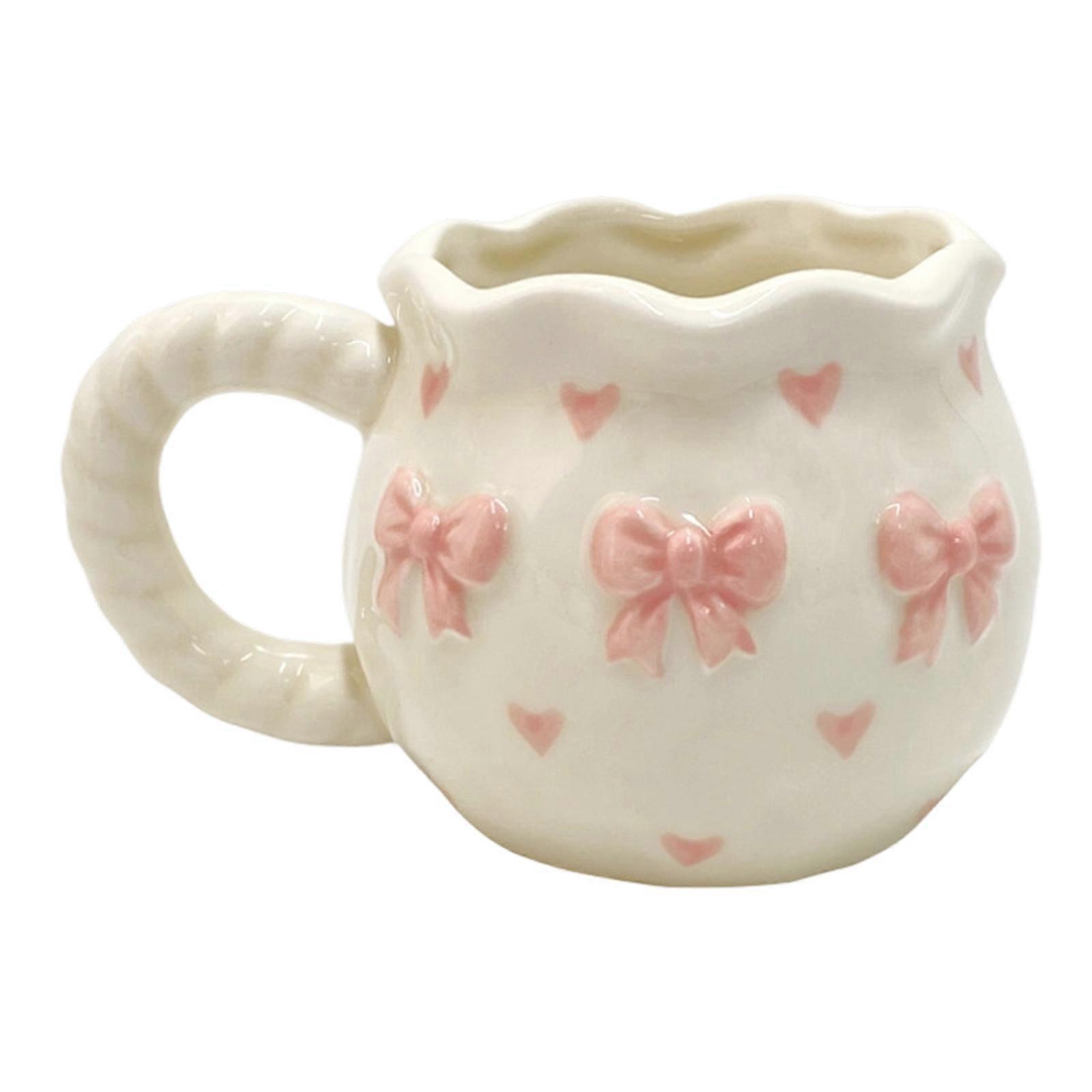 Handmade Bows Detailing Drinking Mug White Ceramic Water Cup With Bowknot Pattern Dishwasher Safe Tableware Multicolor