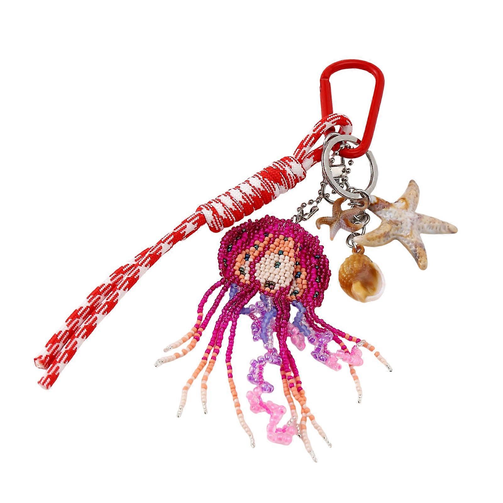Ethnic Style Jellyfish Keychain Handcrafted Alloy Bag Charm Multi Level Bohemian Tassels For Backpack Purse Decoration  Red