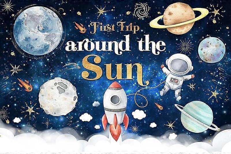First Trip Around The Sun Birthday Backdrop for Boy, Outer Space Theme, Galaxy, Moon, Planets, Rocket, Cake Table Banner