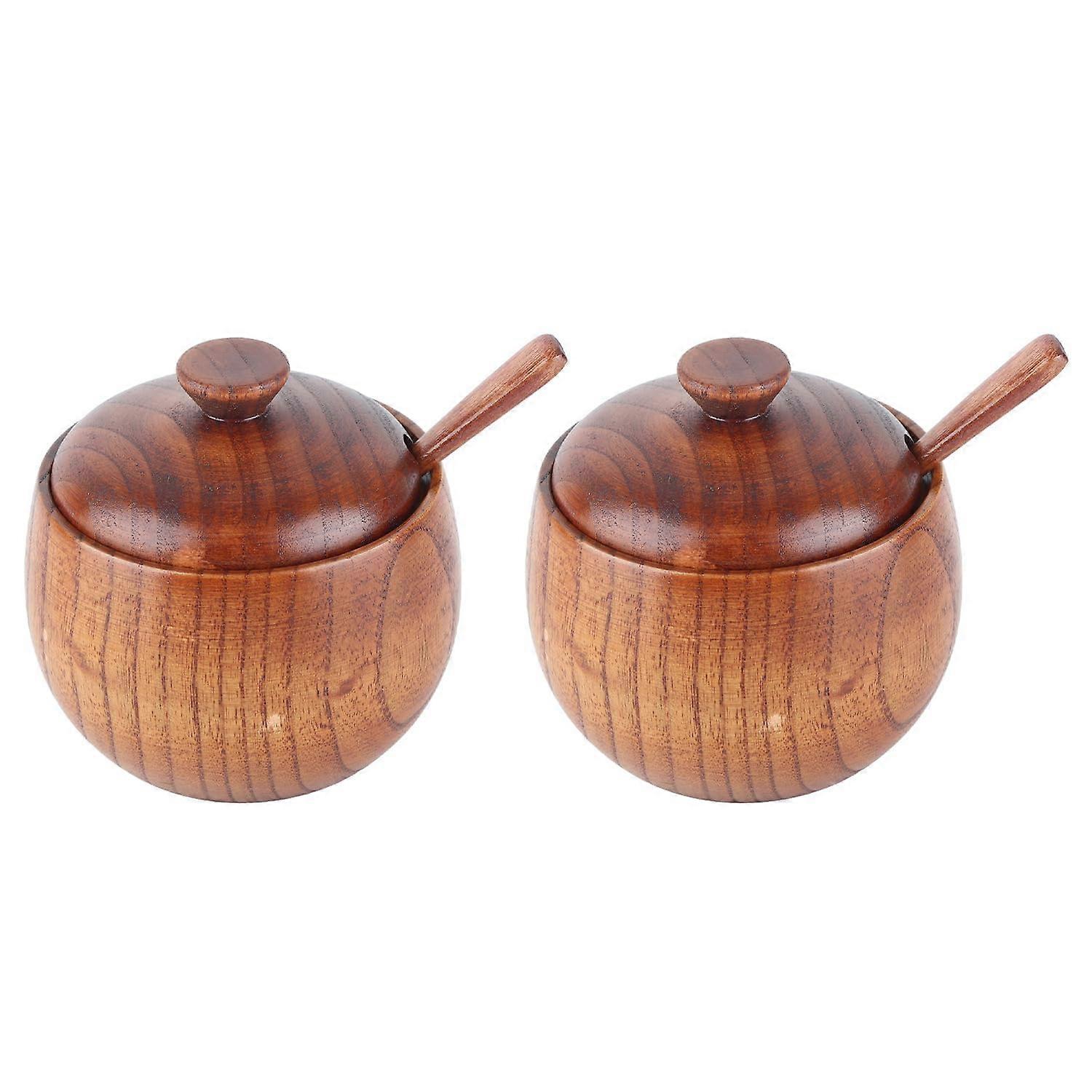 2pcs Wooden Spice Box Set, Salt Cellar with Lid and Spoon, Nordic Style Sugar and Pepper Jar
