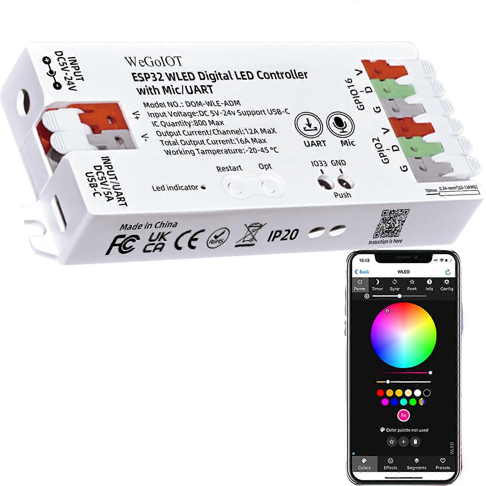 ESP32 LED Controller with Mic WiFi Music Sync for WS2812B SK6812 Smart App Control TypeC