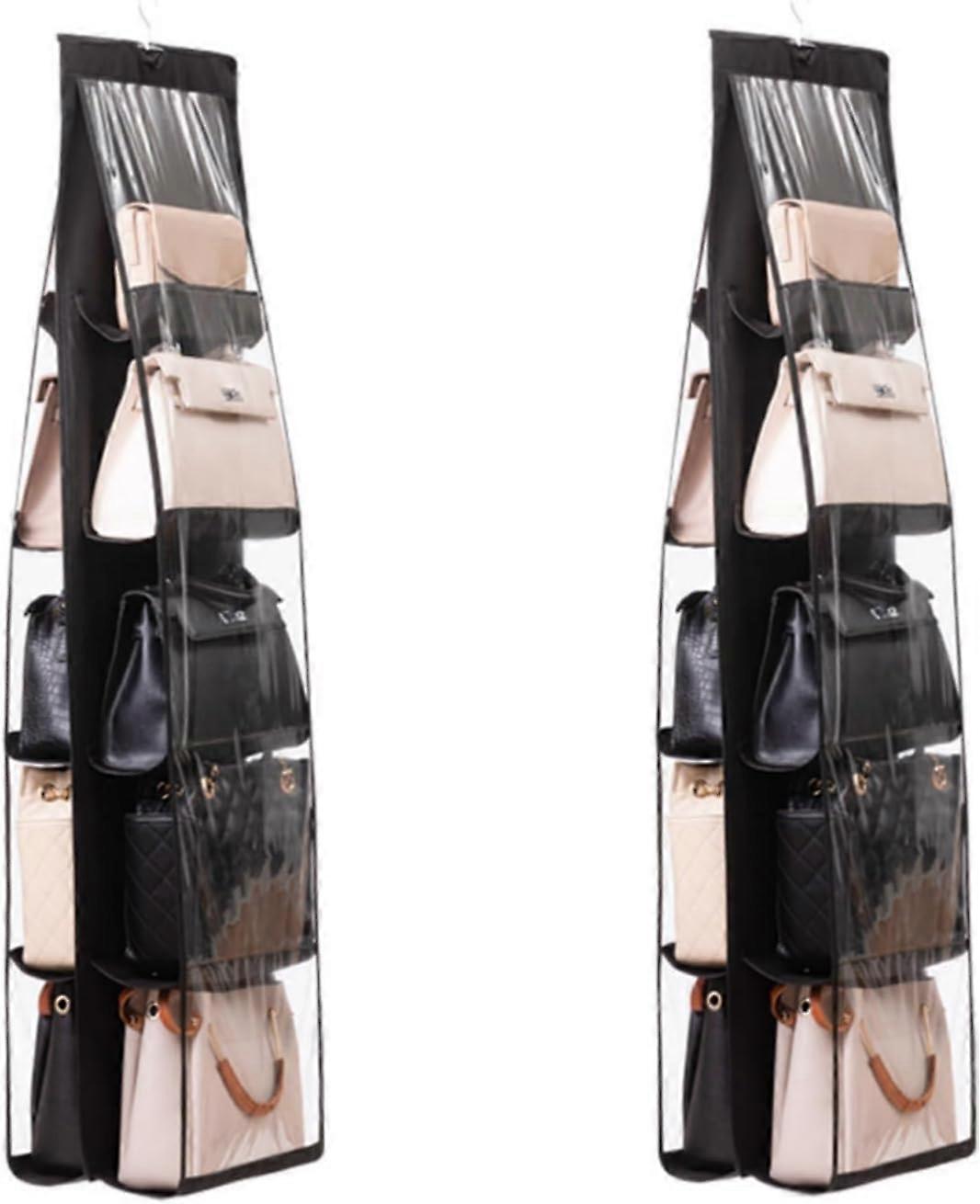 Hanging Closet Organizer with Clear Pockets for Handbags and Wallets, 2Pack Black Over Door Storage