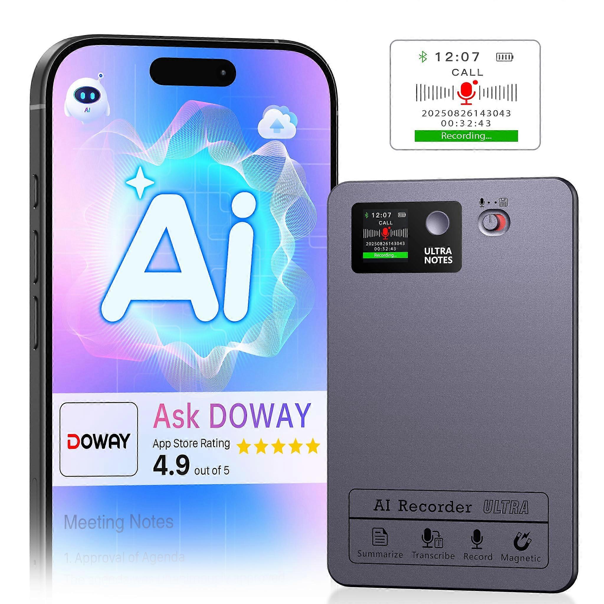 AI Voice Recorder with Instant Transcription, Noise Cancellation, 64GB, Magnetic, Long Battery for Meetings