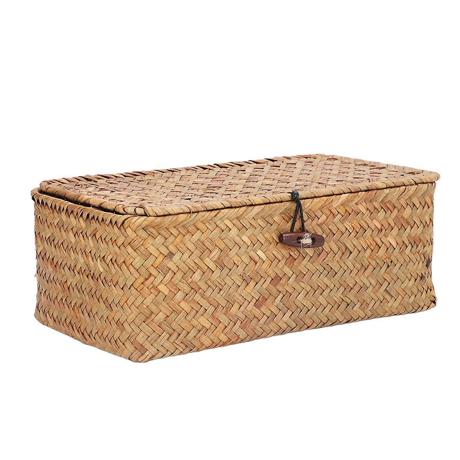 Seagrass Storage Basket with Lid, Natural Wicker Shelf Organizer Bin, Rectangular Handwoven Box