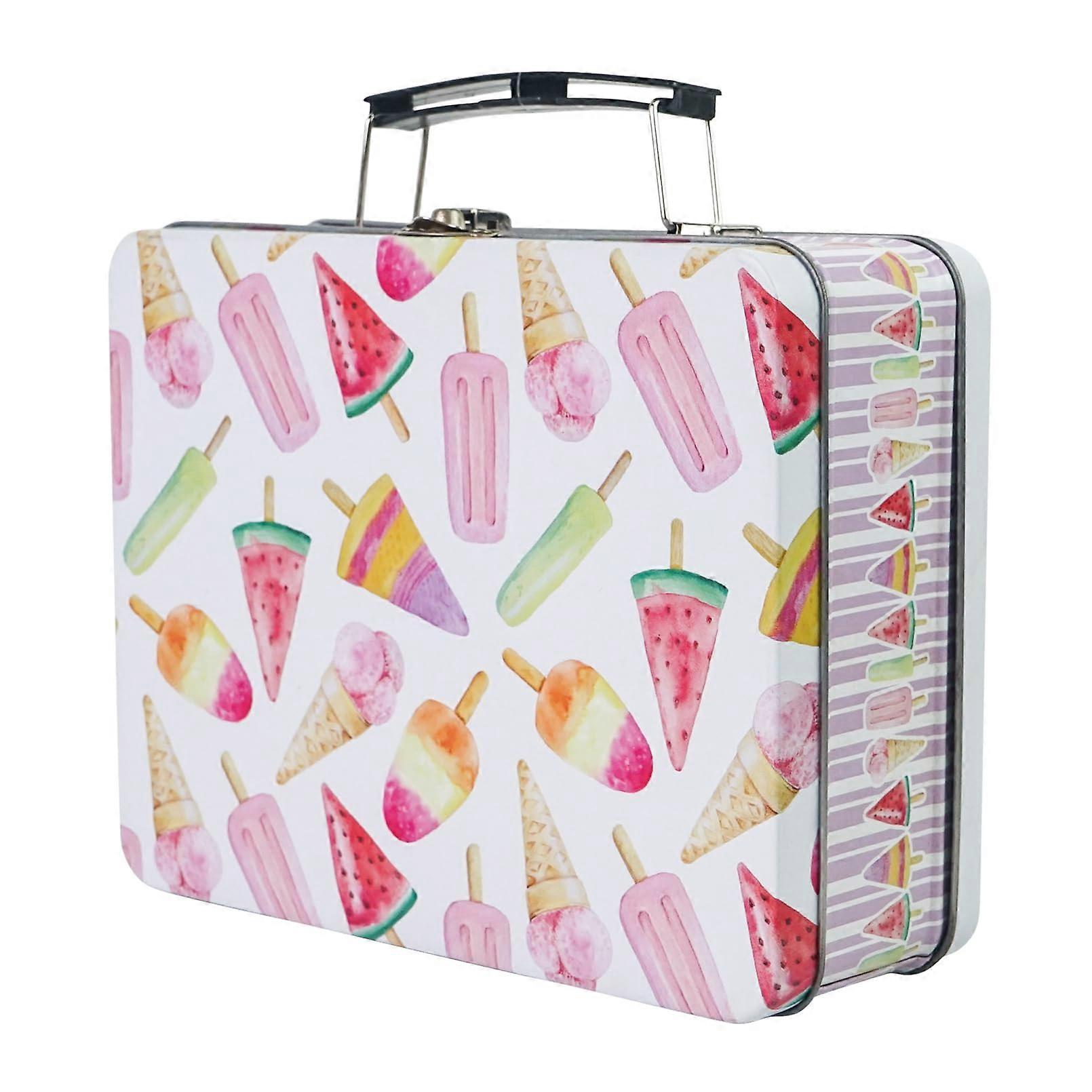 Metal Storage Box with Handle and Lock, Decorative Ice Cream Tin, Small Keepsake Organizer Ref:9993