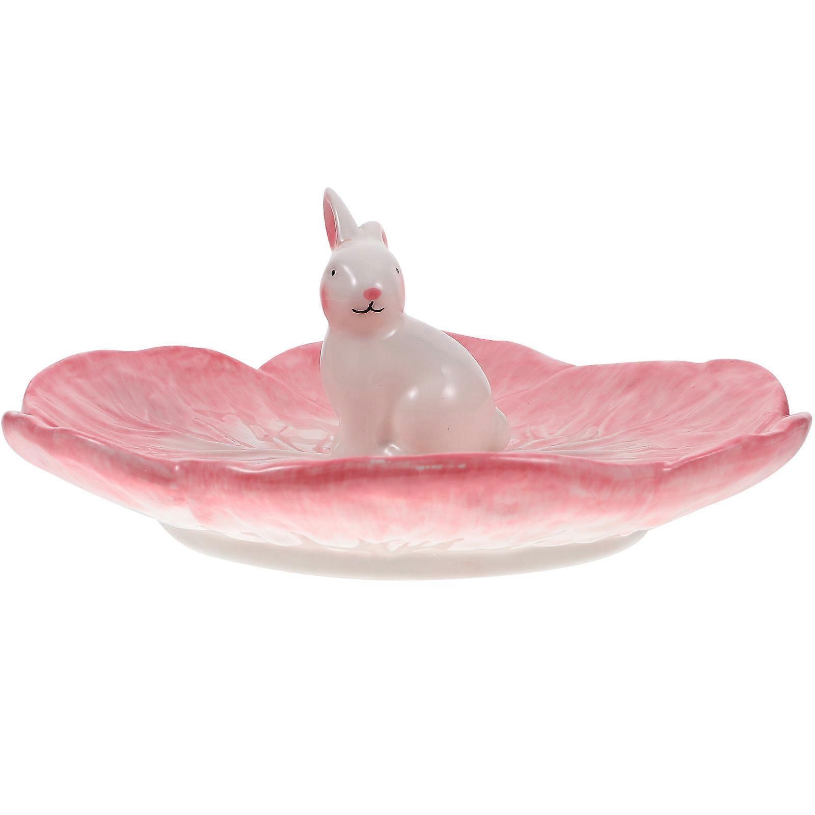 Ceramic Kids Dish for Holding Snacks 3Pcs with Pink Rabbit Shape Plate