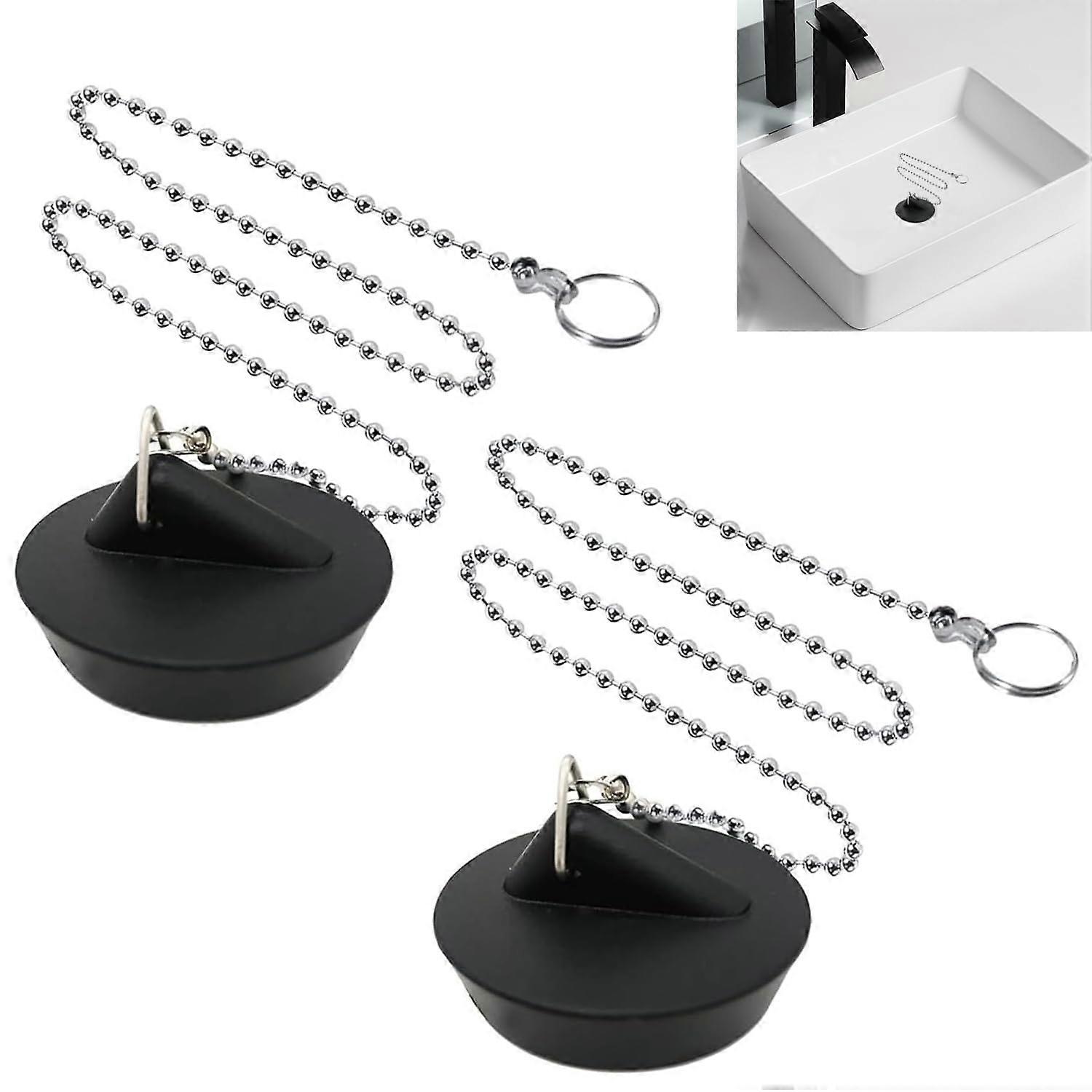 2 Pcs Rubber Sink Plug with Stainless Steel Chain, Universal Bath Plug Replacement for Kitchen and Bathroom
