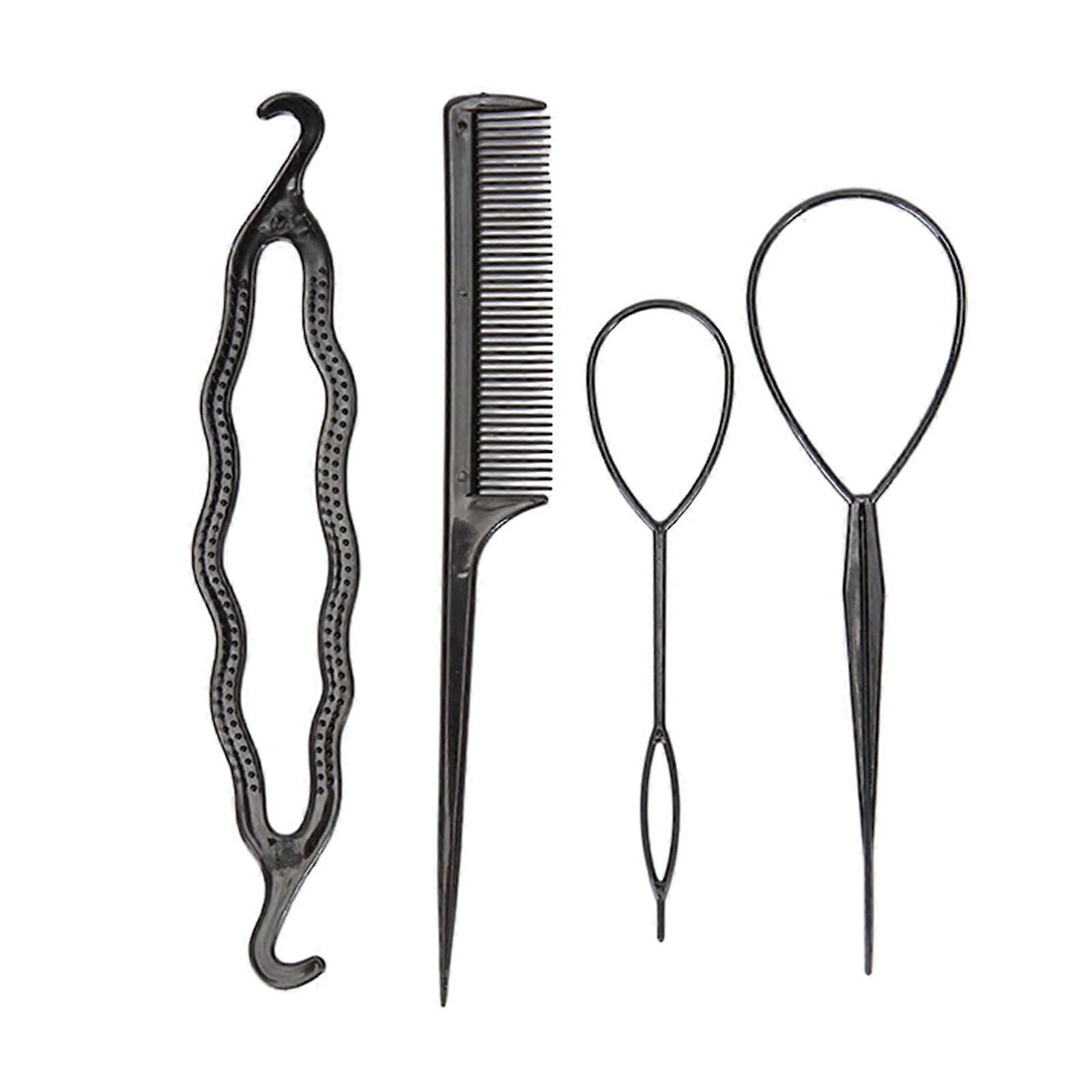 Hair Braiding Tool Set with French Braid Loop and Rat Tail Comb for Quick Styling, Black