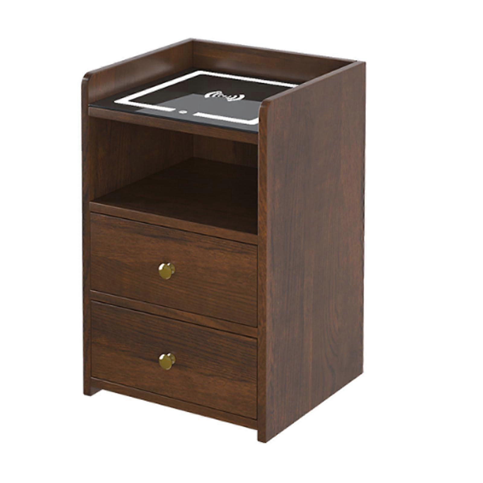 Modern Wooden Bedside Table with Wireless Charging, LED Lighting and Double Storage Drawers