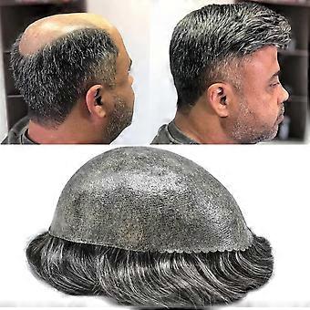 Men's Hair System 100% Human Hair Toupee with Natural Hairline, Poly Skin Base 8x10 Dark Brown Grey