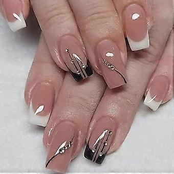 Medium Square French Tip Press On Nails with Rhinestones, Cute Duck and Leopard Design, 24Pcs