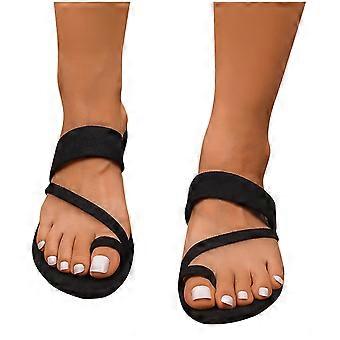 Strandsandalen voor dames, damessandalen, damesslippers met platte teenring en bandje voor de zomer, zwart 7